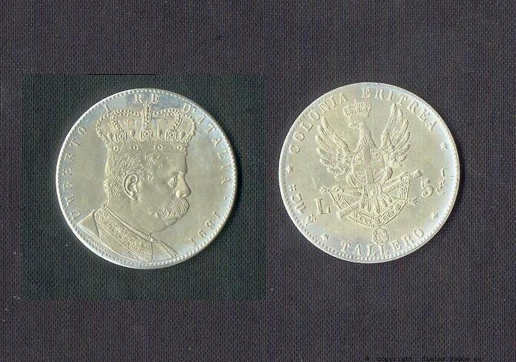 Ein-Taler-Münze von 1891 mit der Büste Umbertos I, König von Italien. Eritrea war von 1890-1941 italienische Kolonie, ab 1936 im Klientel-Kaisertum Äthiopien